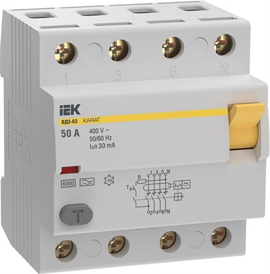 УЗО KARAT ВД3-63 4P 50А 30мА 6кА тип A IEK MDV21-4-050-030 - фото 240115