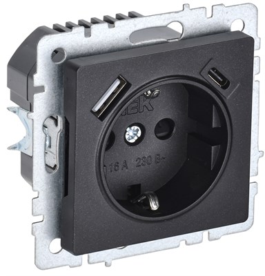 BRITE Роз. с з/к/ш 16А с USB A+C 18Вт РЮш11-1-БрЧ черн. IEK BR-R14-16-U22-018-K02 - фото 241950
