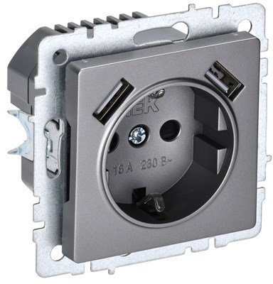 BRITE Роз. с з/к/ш 16А с USB A+A 2,1А РЮш10-1-БрС сталь IEK BR-R14-16-U21-D21-K46 - фото 242064