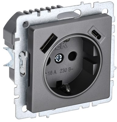 BRITE Роз. с з/к/ш 16А с USB A+C 18Вт РЮш11-1-БрС сталь IEK BR-R14-16-U22-018-K46 - фото 242065