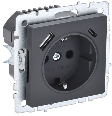 BRITE Роз. с з/к/ш 16А с USB A+C 18Вт РЮш11-1-БрГ граф. IEK BR-R14-16-U22-018-K53 - фото 242088