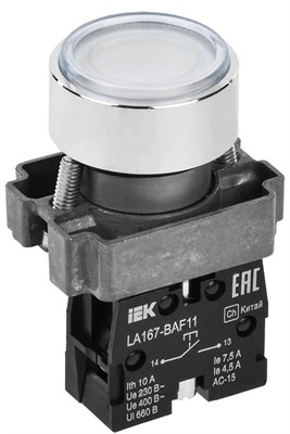 Кнопка LA167-BAF11 d=22мм 1NO белая IEK BBT20-BAF11-1-22-67-K01 - фото 242474