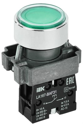 Кнопка LA167-BAF31 d=22мм 1NO зеленая IEK BBT20-BAF31-1-22-67-K06 - фото 242477