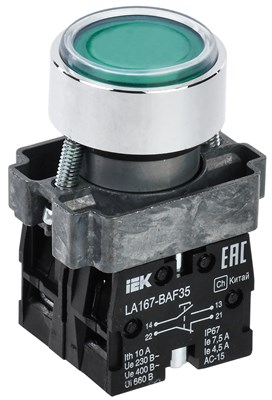 Кнопка LA167-BAF35 d=22мм 1NO+1NC зеленая IEK BBT20-BAF35-3-22-67-K06 - фото 242478