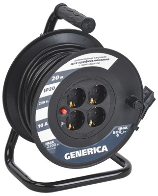 Катушка УК20 с т/з 4 места 2P+PE/20м 3х1,0мм2 GENERICA WKP10-10-04-20-G - фото 243964