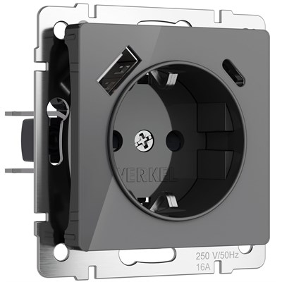 Розетка с заземлением, шторками и USB тип A+C (графит акрил) W1171744 a064093 - фото 263456