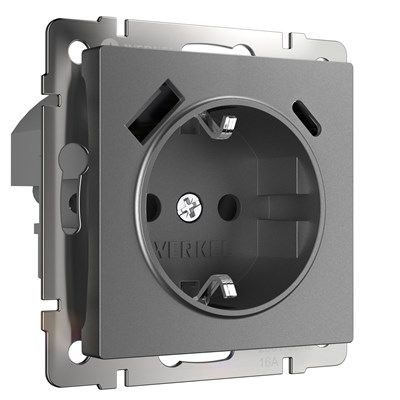 Розетка с заземлением, шторками и USB тип A+C (графит матовый) W1171764 a063106 - фото 263741