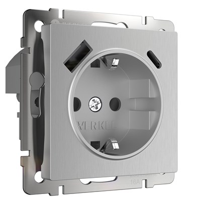 Розетка с заземлением, шторками и USB тип A+C (серебряный рифленый) W1171709 a056277 - фото 264593