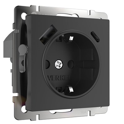 Розетка с заземлением, шторками и USB тип A+C (черный матовый) W1171708 a056275 - фото 279342