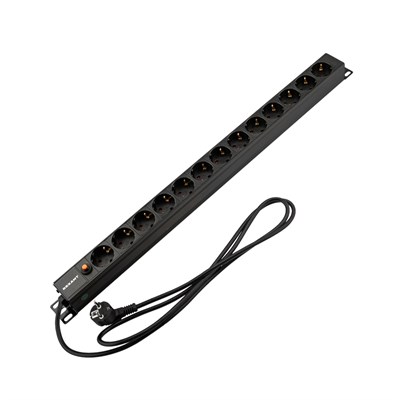 Блок распределения питания PDU вертикальный 13 розеток СЕЕ 7/4 Schuko 16A фильтр без выкл алюм корп шнур 2м вилка СЕЕ 7/7 Schuko черный REXANT 04-0205-2