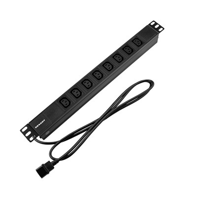 Блок распределения питания PDU горизонтальный 1U 8 розеток C13 10A без выкл алюм корп шнур 2м вилка C14 черный REXANT 04-0304-1