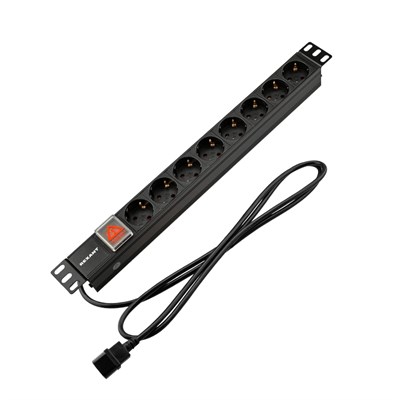 Блок распределения питания PDU горизонтальный 1U 8 розеток СЕЕ 7/4 Schuko 10A выкл алюм корп шнур 2м вилка C14 черный REXANT 04-0302-1