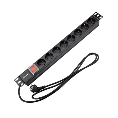 Блок распределения питания PDU горизонтальный 1U 8 розеток СЕЕ 7/4 Schuko 16A выкл алюм корп шнур 2м вилка СЕЕ 7/7 Schuko черный REXANT 04-0104-1
