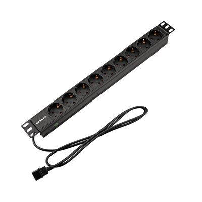 Блок распределения питания PDU горизонтальный 1U 9 розеток СЕЕ 7/4 Schuko 10A без выкл алюм корп шнур 2м вилка C14 черный REXANT 04-0305-1
