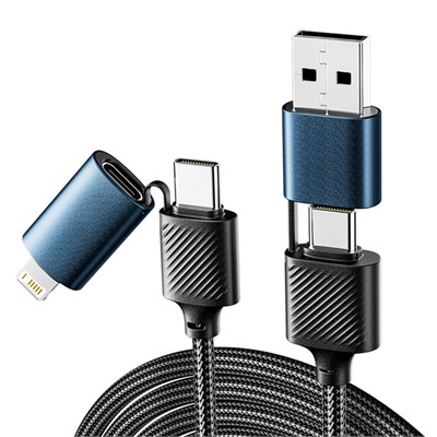 Кабель 4в1 USB-A, Type-C, Type-C, Lightning 65Вт, 1м, в черной нейлоновой оплетке REXANT 18-7094