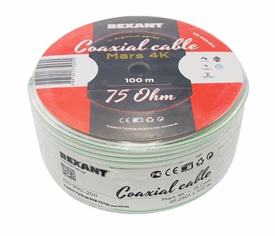 Кабель коаксиальный MARS 4K, Cu/Al/CuSn, 96%, 75Ом, 100м, INDOOR, белый REXANT 01-2501 - фото 89766