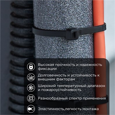 Стяжка кабельная нейлоновая 200x4,8мм, черная (100 шт/уп) REXANT 07-0201-5 - фото 90711