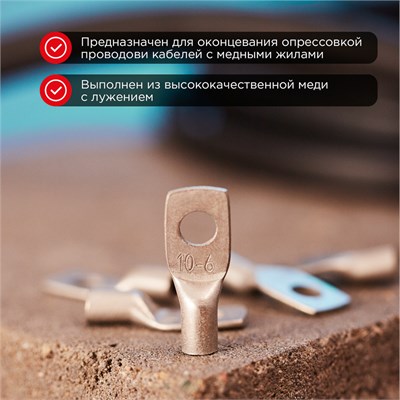 Наконечник медный луженый ТМЛ-Р 10–6 (10мм² - Ø6мм) (в упак. 5 шт.) REXANT 07-5308-2 - фото 91218