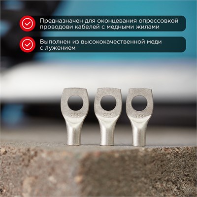Наконечник медный луженый ТМЛ 25–8–8 (25мм² - Ø8мм) ГОСТ 7386-80 (в упак. 5 шт.) REXANT 07-5314 - фото 91275