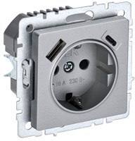 BRITE Роз. с з/к/ш 16А с USB A+C 18Вт РЮш11-1-БрА алюм. IEK BR-R14-16-U22-018-K47