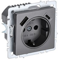 BRITE Роз. с з/к/ш 16А с USB A+C 18Вт РЮш11-1-БрС сталь IEK BR-R14-16-U22-018-K46