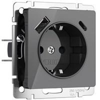 Розетка с заземлением, шторками и USB тип A+C (графит акрил) W1171744 a064093