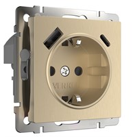 Розетка с заземлением, шторками и USB тип A+C (шампань рифленый) W1171710 a056276