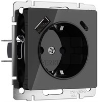 Розетка с заземлением, шторками и USB тип A+C (черный акрил) W1171748 a064044