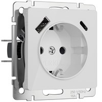 Розетка с заземлением, шторками и USB тип A+C (белый акрил) W1171741 a064014