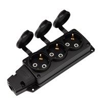 Розетка (колодка) влагозащищенная с крышкой 3 гнезда COMPACT, с/з, 16А, IP54, каучук, черная REXANT 111-223